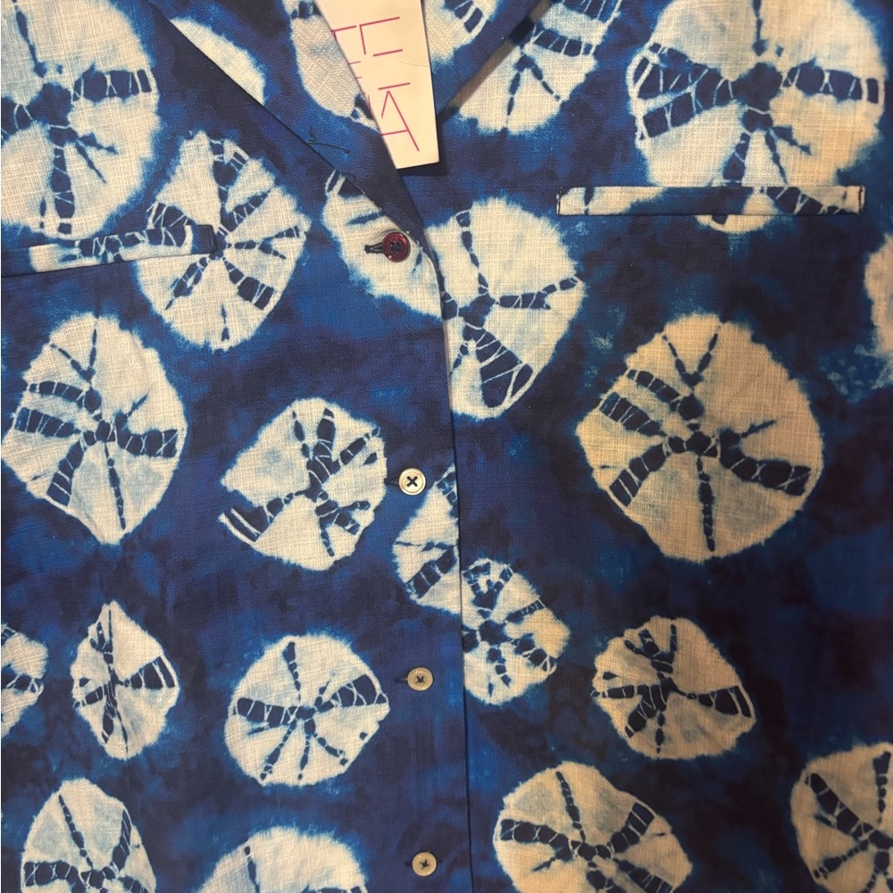 NWT Stella Jean Strata Blue Shibori Print Cotton Camp Shirt IT 42 US M - Picture 2 of 10